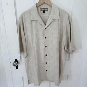 Tommy Bahama 100% Silk Hawaiian Camp Collar Resort Shirt Tan Grid Pattern Print